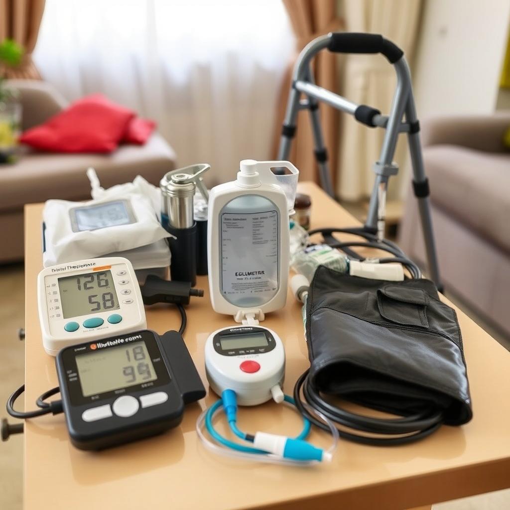 A home setup featuring essential medical equipment for elderly care, including a blood pressure monitor, a glucometer, oxygen supplies, and mobility aids like a walker