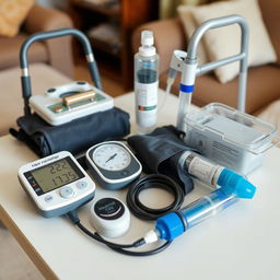 A home setup featuring essential medical equipment for elderly care, including a blood pressure monitor, a glucometer, oxygen supplies, and mobility aids like a walker