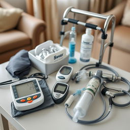 A home setup featuring essential medical equipment for elderly care, including a blood pressure monitor, a glucometer, oxygen supplies, and mobility aids like a walker