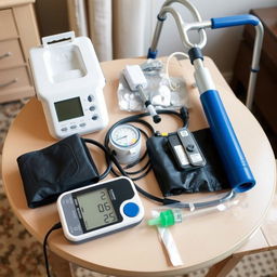 A home setup featuring essential medical equipment for elderly care, including a blood pressure monitor, a glucometer, oxygen supplies, and mobility aids like a walker