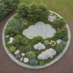 A small garden shaped like a cloud, outlined with stones, and adorned with miniature pine trees at the center, surrounded by various plants and pebbles.