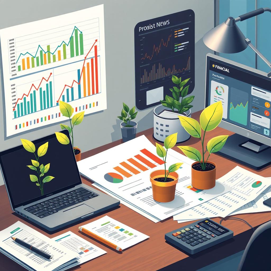 A detailed illustration of an investment portfolio with graphs, pie charts, and financial documents, animate objects like growing plants symbolizing wealth growth, modern office desk setup with a laptop, calculator, and financial news on a screen