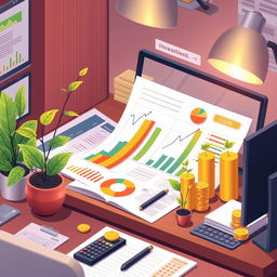 A detailed illustration of an investment portfolio with graphs, pie charts, and financial documents, animate objects like growing plants symbolizing wealth growth, modern office desk setup with a laptop, calculator, and financial news on a screen