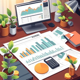 A detailed illustration of an investment portfolio with graphs, pie charts, and financial documents, animate objects like growing plants symbolizing wealth growth, modern office desk setup with a laptop, calculator, and financial news on a screen