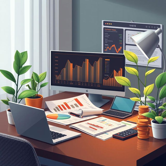 A detailed illustration of an investment portfolio with graphs, pie charts, and financial documents, animate objects like growing plants symbolizing wealth growth, modern office desk setup with a laptop, calculator, and financial news on a screen