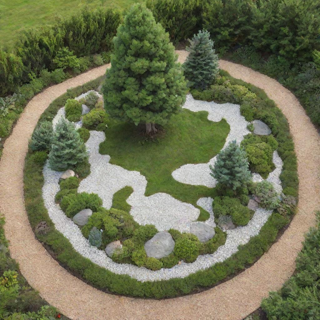 A small garden shaped like a cloud, outlined with stones, and adorned with miniature pine trees at the center, surrounded by various plants and pebbles.