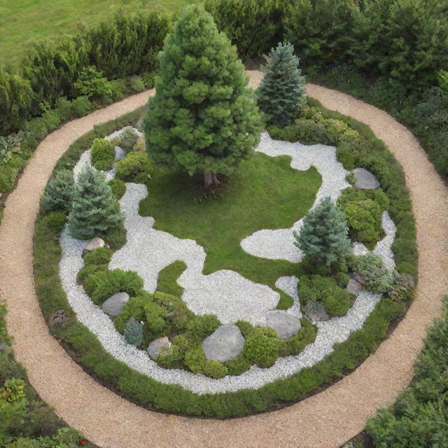 A small garden shaped like a cloud, outlined with stones, and adorned with miniature pine trees at the center, surrounded by various plants and pebbles.