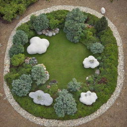 A small garden shaped like a cloud, outlined with stones, and adorned with miniature pine trees at the center, surrounded by various plants and pebbles.