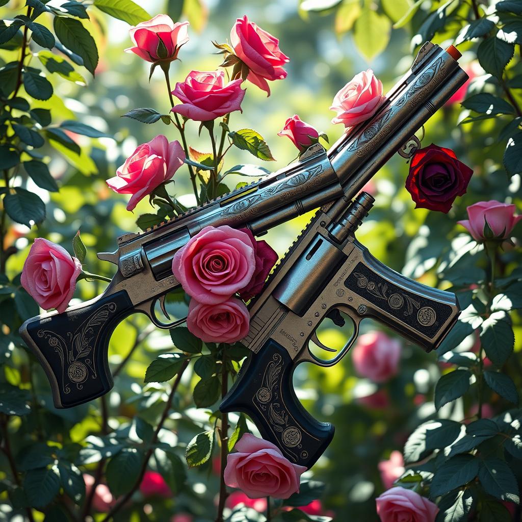 A fantastical fusion of guns and roses, featuring intricately designed firearms intertwined with vibrant, blooming roses