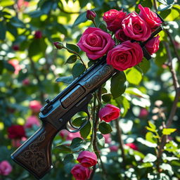 A fantastical fusion of guns and roses, featuring intricately designed firearms intertwined with vibrant, blooming roses