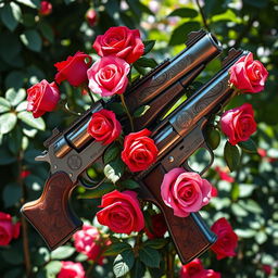 A fantastical fusion of guns and roses, featuring intricately designed firearms intertwined with vibrant, blooming roses