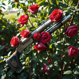 A fantastical fusion of guns and roses, featuring intricately designed firearms intertwined with vibrant, blooming roses