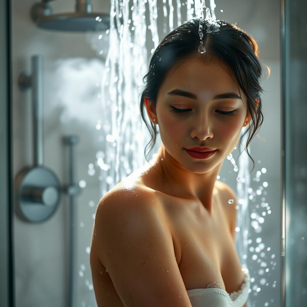 A serene and refreshing scene depicting a girl taking a shower, with water gracefully cascading over her body