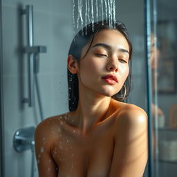 A serene and refreshing scene depicting a girl taking a shower, with water gracefully cascading over her body