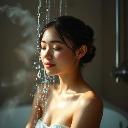 A serene and refreshing scene depicting a girl taking a shower, with water gracefully cascading over her body