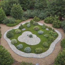 A small garden shaped like a cloud, outlined with stones, and adorned with miniature pine trees at the center, surrounded by various plants and pebbles.