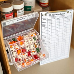 A detailed shot of a well-organized medication station at home, featuring a weekly pill organizer filled with various pills, each compartment clearly labeled for each day of the week