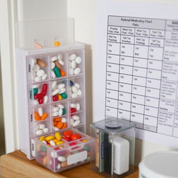 A detailed shot of a well-organized medication station at home, featuring a weekly pill organizer filled with various pills, each compartment clearly labeled for each day of the week