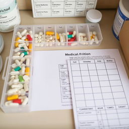 A detailed shot of a well-organized medication station at home, featuring a weekly pill organizer filled with various pills, each compartment clearly labeled for each day of the week