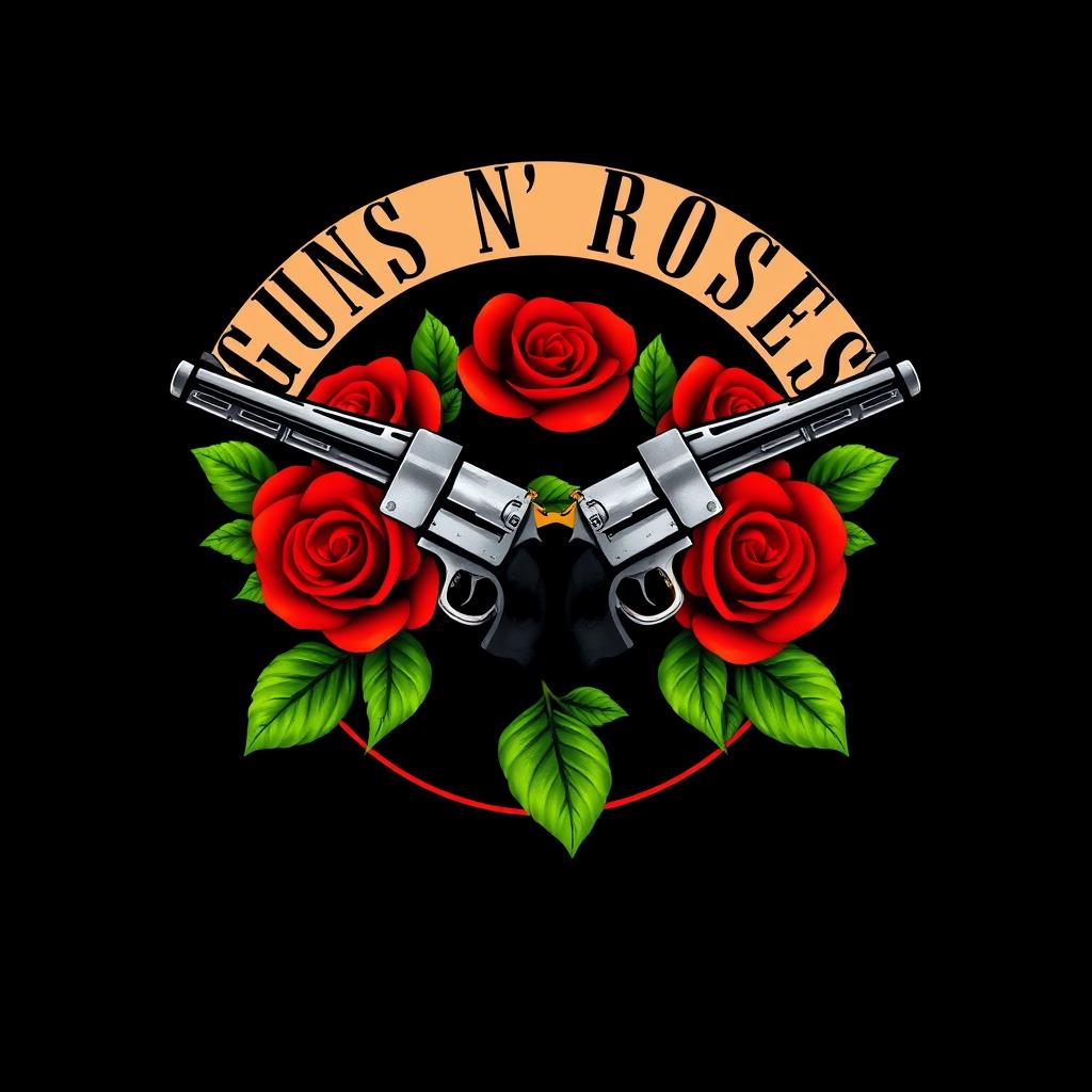 A recreation of the iconic Guns N' Roses band logo featuring two crossed revolvers encircled by vibrant red roses and lush green leaves