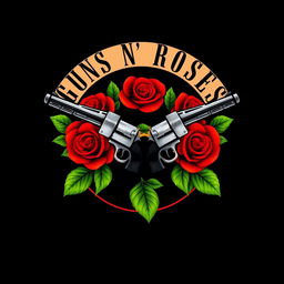 A recreation of the iconic Guns N' Roses band logo featuring two crossed revolvers encircled by vibrant red roses and lush green leaves