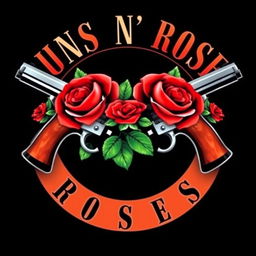 A recreation of the iconic Guns N' Roses band logo featuring two crossed revolvers encircled by vibrant red roses and lush green leaves