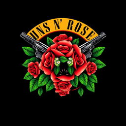 A recreation of the iconic Guns N' Roses band logo featuring two crossed revolvers encircled by vibrant red roses and lush green leaves