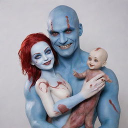 A friendly man with the appearance of a hairless Drax, possessing blue skin, red scars, and blood drops. His smile is warm, and he gently holds a dressed female porcelain doll with beautiful hair.