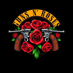 A recreation of the iconic Guns N' Roses band logo featuring two crossed revolvers encircled by vibrant red roses and lush green leaves