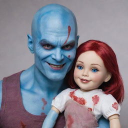 A friendly man with the appearance of a hairless Drax, possessing blue skin, red scars, and blood drops. His smile is warm, and he gently holds a dressed female porcelain doll with beautiful hair.