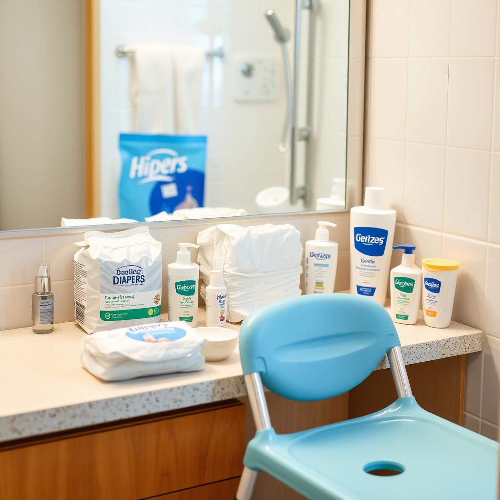 A clean, inviting bathroom counter arranged with hygiene products designed for an elderly individual