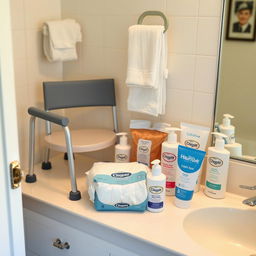 A clean, inviting bathroom counter arranged with hygiene products designed for an elderly individual