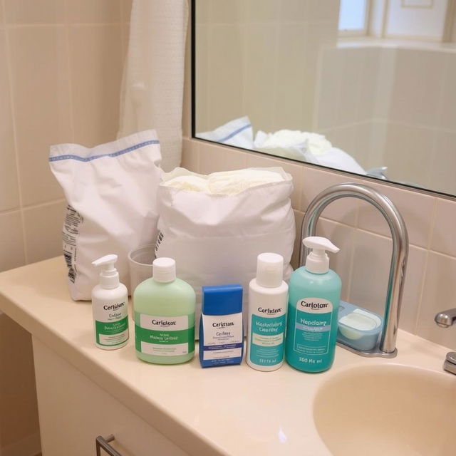 A clean, inviting bathroom counter arranged with hygiene products designed for an elderly individual