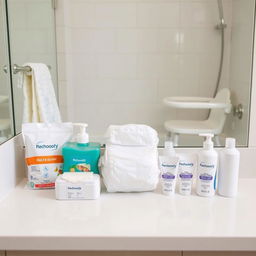 A clean, inviting bathroom counter arranged with hygiene products designed for an elderly individual