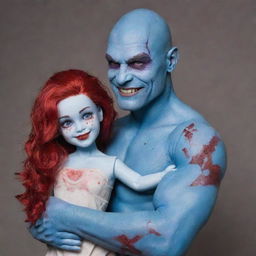 A friendly man with the appearance of a hairless Drax, possessing blue skin, red scars, and blood drops. His smile is warm, and he gently holds a dressed female porcelain doll with beautiful hair.