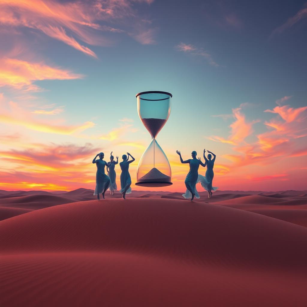 Surreal landscape of a desert with rolling sand dunes stretching into the horizon under a vibrant sunset