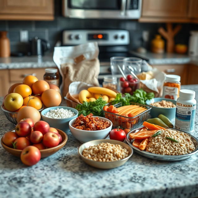 A kitchen countertop showcasing a selection of nutritious, easily digestible foods perfect for an elderly patient recovering at home