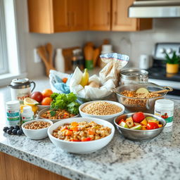 A kitchen countertop showcasing a selection of nutritious, easily digestible foods perfect for an elderly patient recovering at home