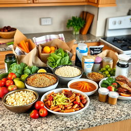 A kitchen countertop showcasing a selection of nutritious, easily digestible foods perfect for an elderly patient recovering at home