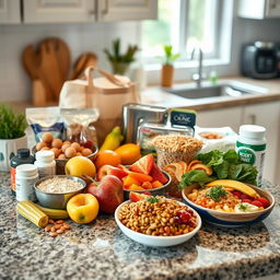 A kitchen countertop showcasing a selection of nutritious, easily digestible foods perfect for an elderly patient recovering at home