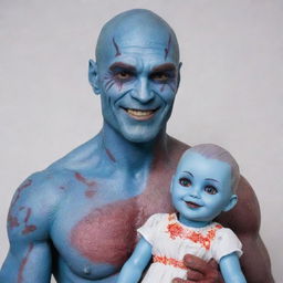 A friendly man with the appearance of a hairless Drax, possessing blue skin, red scars, and blood drops. His smile is warm, and he gently holds a dressed female porcelain doll with beautiful hair.