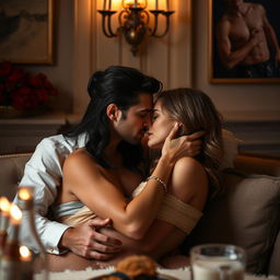 An artistic and intimate scene depicting a passionate and sensual encounter in a tasteful setting