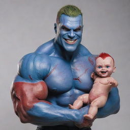 A large, bodybuilder man reminiscent of a hairless Drax, his blue skin marked with red scars and dripping blood. Despite his fierce appearance, his smile is friendly. In his muscular hands, he holds a fully clothed porcelain doll with detailed hair.