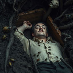 A man lying in a coffin underground, surrounded by soil and roots