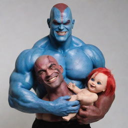 A large, bodybuilder man reminiscent of a hairless Drax, his blue skin marked with red scars and dripping blood. Despite his fierce appearance, his smile is friendly. In his muscular hands, he holds a fully clothed porcelain doll with detailed hair.