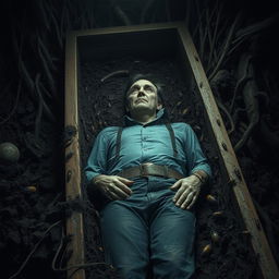 A man lying in a coffin underground, surrounded by soil and roots