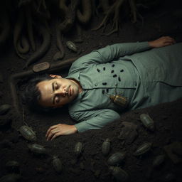 A man lying in a coffin underground, surrounded by soil and roots