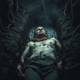 A man lying in a coffin underground, surrounded by soil and roots