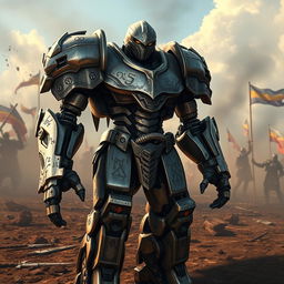 A warforged warrior standing on a battlefield, its metallic body gleaming under the sun