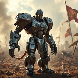 A warforged warrior standing on a battlefield, its metallic body gleaming under the sun